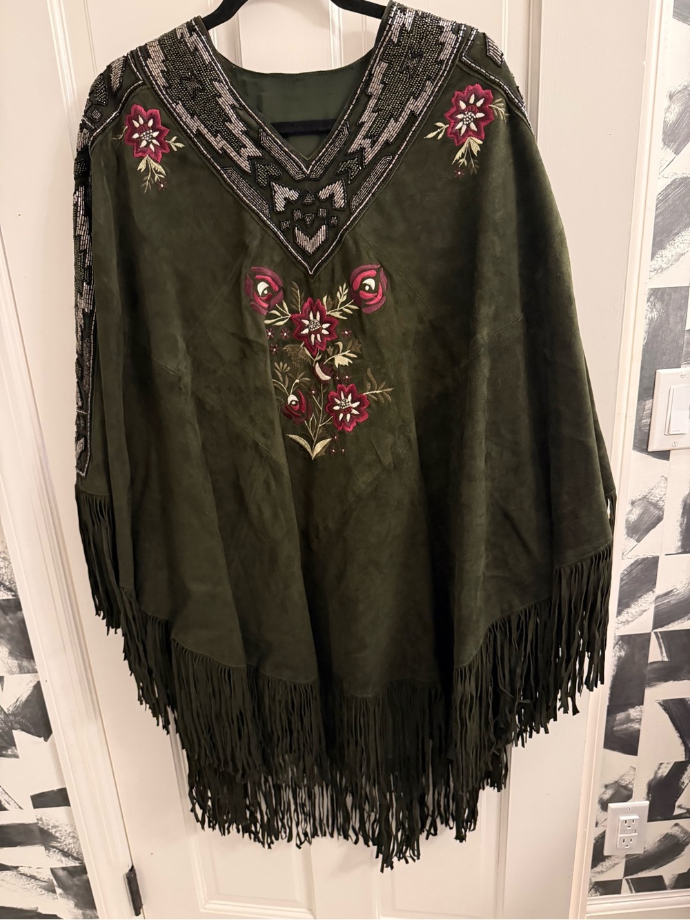 Haute Hippie Olive Suede Fringe Embroidered Cape with Red Floral Embroidered Acc